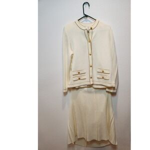 Vintage Krinkle Spun Cream Gold Trim Knit Skirt Suit Set Made in USA Size 12